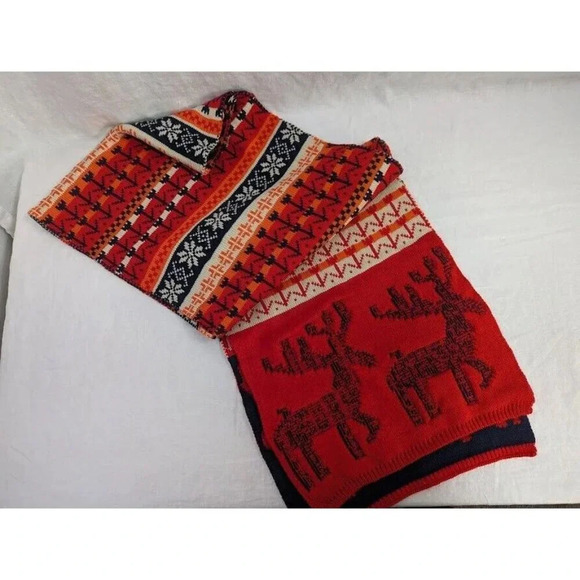 Nordic Moose knit scarf, red blue orange, winter warm, unisex, O15 - Picture 3 of 4